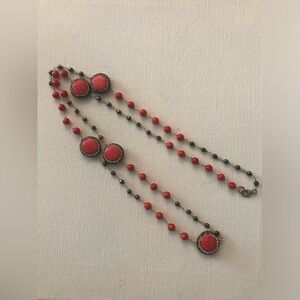 Sterling Silver 925 Clasp Beaded Coral Gray White Rhinestones Long Necklace 34”